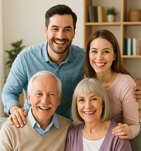 A family of two elderly individuals and two young individuals.